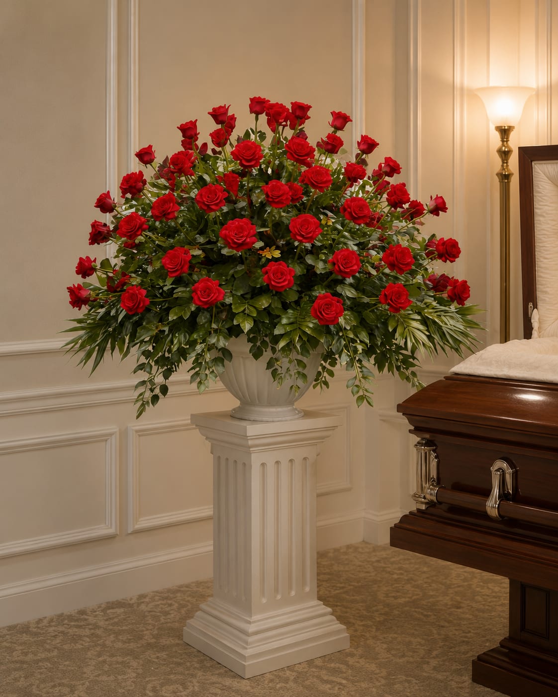 K662  Eternal Love All Rose End Piece - Red roses are the ultimate expression of love, perfect for honoring a spouse, a parent, or a child. Their warm and soft petals exude an emotion that is often hard to express, providing a heartfelt farewell to that dear special person. In times of loss, red roses convey a depth of love and emotion that words alone cannot capture, making them an ideal choice for paying tribute to the ones who have touched our hearts so deeply. Let the timeless beauty of red roses offer comfort and a perfect farewell to those who meant the world to you.