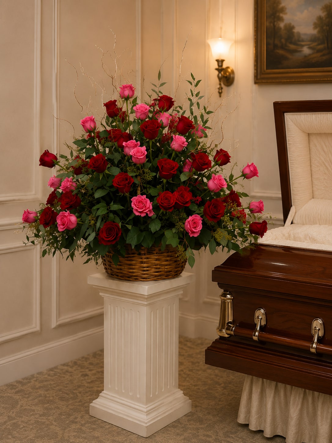 K646 Roses of Remembrance  End Basket - K646 Roses of Remembrance Basket. A simple yet heartfelt way to convey your deepest sympathies, this elegant wicker basket is filled with breathtaking red and pink roses, each bloom symbolizing love, remembrance, and cherished memories. Thoughtfully arranged with lush, rich foliage, these exquisite roses create a striking yet comforting display, offering warmth and solace in a time of sorrow. Their beauty speaks volumes when words fall short, making this arrangement a touching tribute to express your support, compassion, and the enduring bond of love.