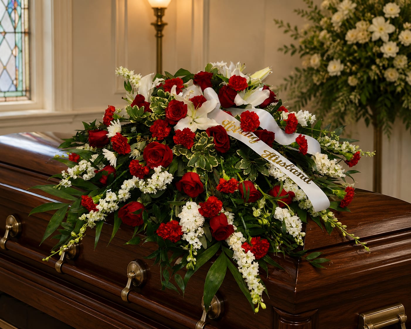 K635  Passionate Remembrances Red &amp; White Mixed Casket Spray - K653 Passionate Remembrances Honor your loved one with this elegant red and white casket spray, thoughtfully designed to express love and remembrance. Featuring rich red roses and carnations, paired with delicate white stock, larkspur or snapdragons, and classic white mums, this arrangement creates a timeless tribute. Lush greenery enhances the beauty of the blooms, offering a graceful and heartfelt farewell.