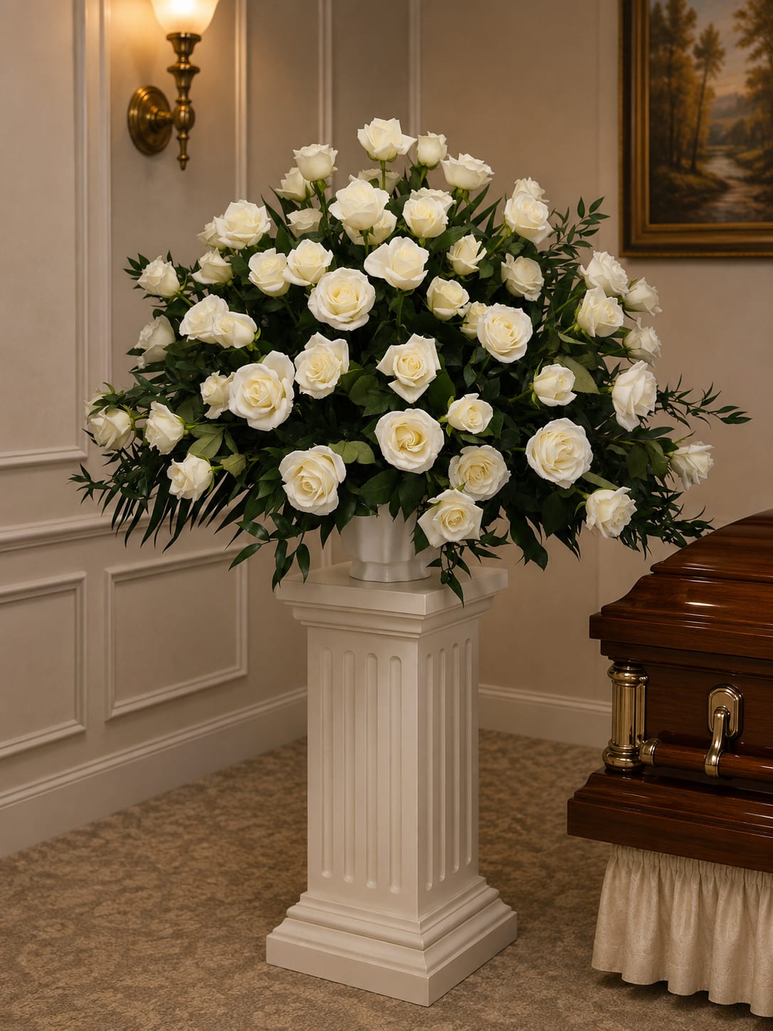 K650 Pure Reflections White Rose End Basaket - .K 650 Pure Reflections Enhance the elegance of an all-white casket spray with our White Rose Family Tribute. This exquisite arrangement features pristine white roses surrounded by lush foliage, thoughtfully designed to be placed at the head and foot of the casket.  This complementary piece beautifully mirrors the purity and grace of the casket spray, symbolizing the family's deep love and heartfelt emotions as they bid farewell to their loved one. The serene white roses offer a timeless and dignified expression of remembrance, creating a cohesive and touching tribute.  Perfect for conveying the family's collective sentiments, this arrangement adds a layer of beauty and unity to the memorial service, honoring the cherished memories and the enduring bonds of family.