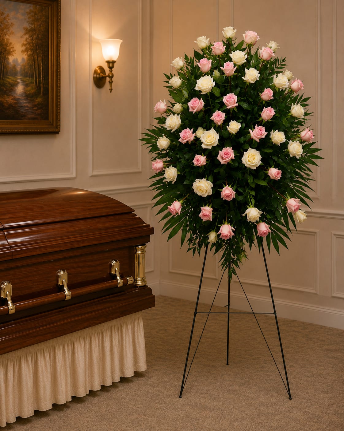 K644 Gentle Rose Easel Spray - .Gentle Rose Easel Spray This elegant easel spray, designed for a lady's funeral, features a sweet and gentle combination of pink and white roses. Accented with delicate baby's breath or charming chamomile, this arrangement captures the beauty and serenity of a final farewell. Nothing conveys love and remembrance like the timeless elegance of roses, making this spray a perfect tribute to honor your loved one.