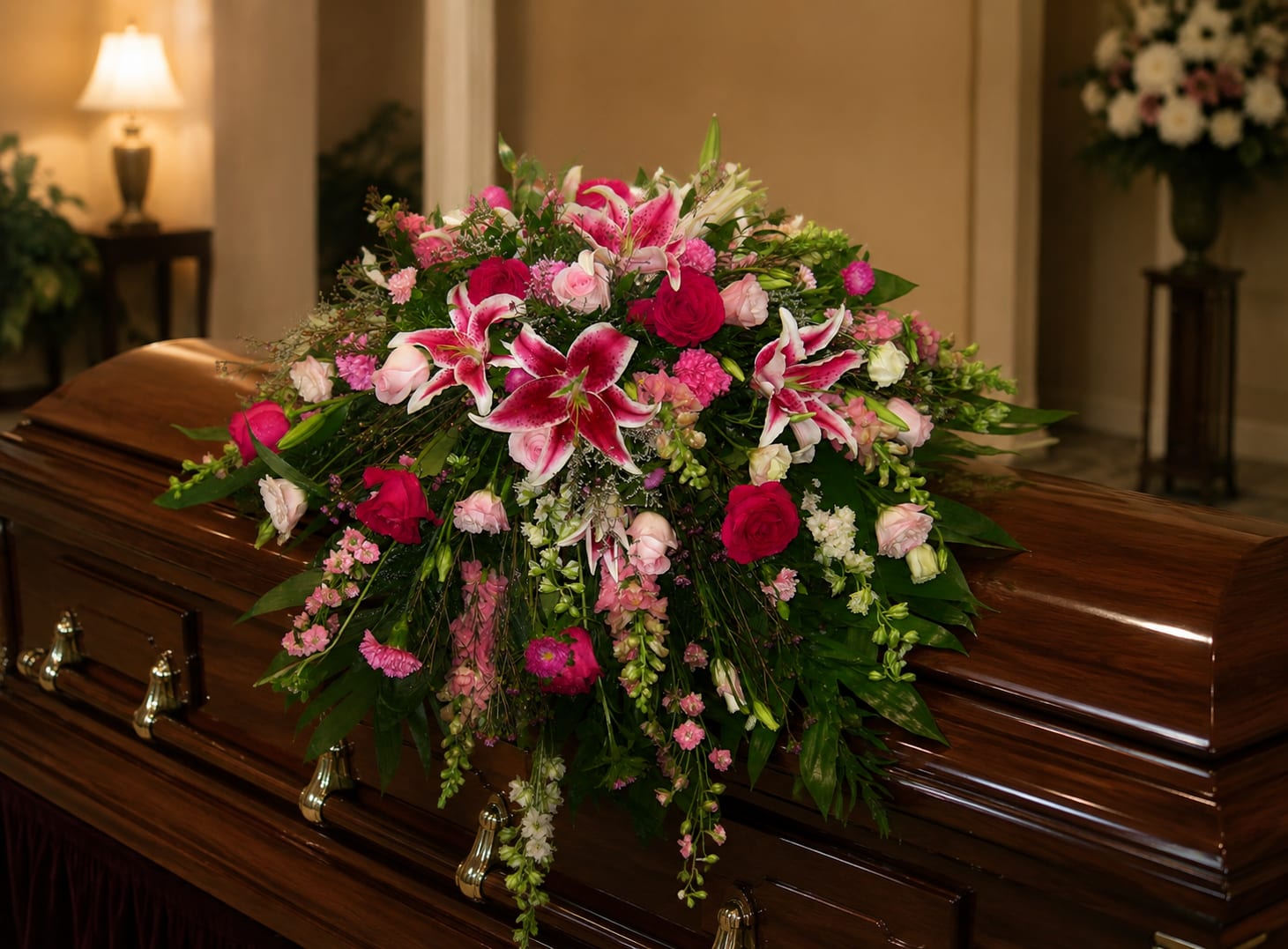 K602  Casket Spray I - All pink blooms gently cascade in this heartfelt spray.  Please call one of our sales associates to discuss different size and color options.