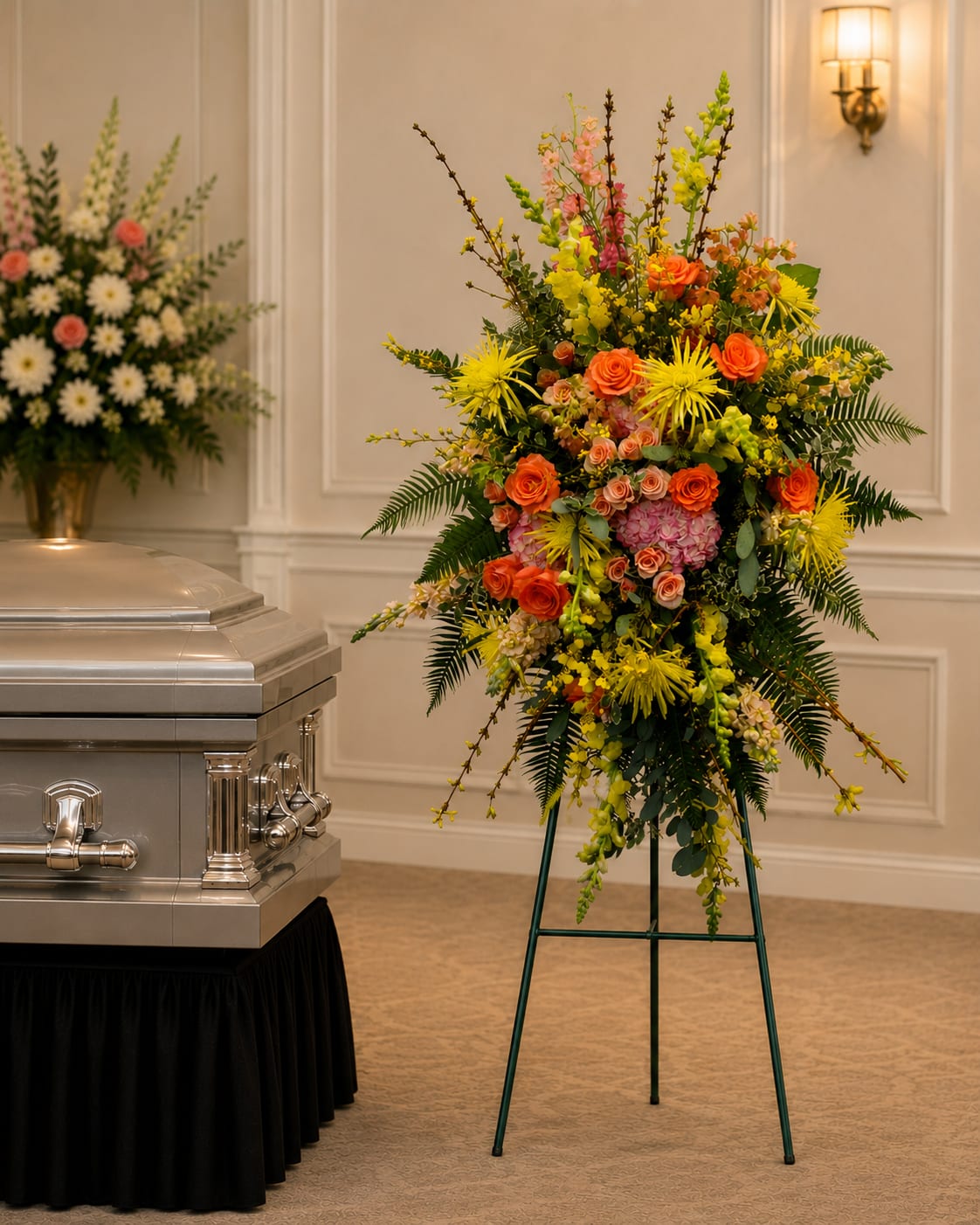 K613 Brilliant Farewell Easel Spray  - Warm Embrace Easel Spray This soft and warm easel spray offers a comforting touch with a gentle combination of seasonal flowers. Designed to bring the room closer and add depth to the heartfelt words that are often hard to express, this arrangement is a thoughtful choice for honoring either a lady or a man. Its soothing and inviting presence makes it a perfect tribute to celebrate the memory of your loved one.