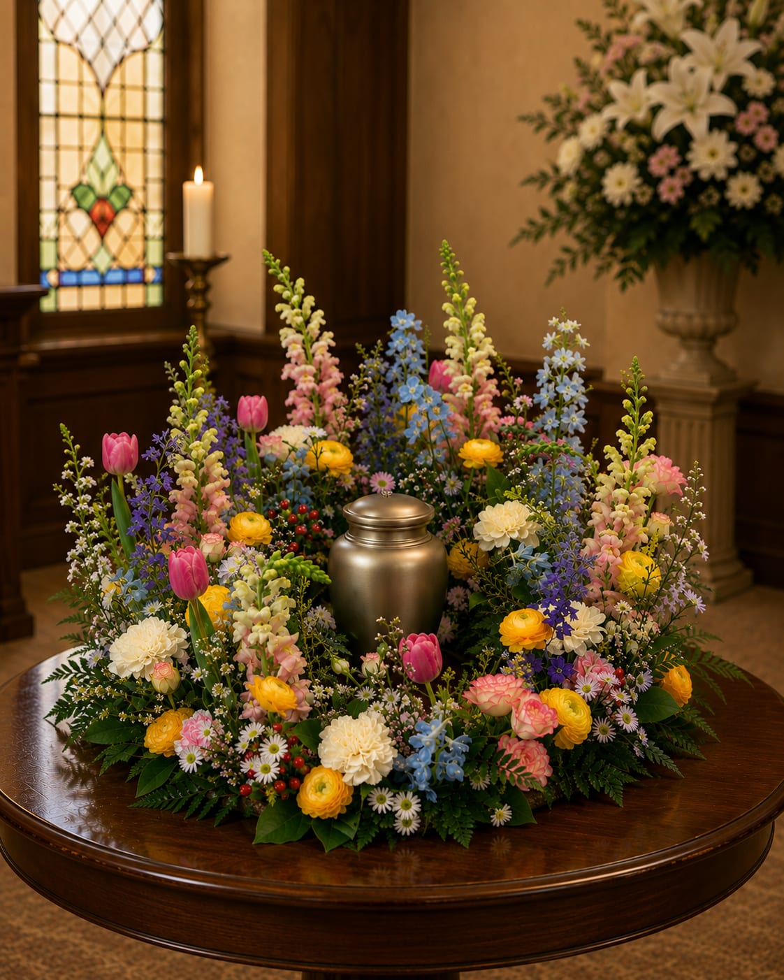 K616  Colors of Comfort Urn Wreath  - k616 The English Garden style Urn Wreath offers a soft and gentle tribute, creating a serene and heartfelt setting for the urn at a funeral service. This beautiful arrangement features a harmonious combination of seasonal flowers in various shades and hues, bringing a tender and calming ambiance to the table where the urn is placed.  Flowers will vary with the seasons, ensuring a fresh and unique display that reflects the beauty of nature throughout the year. We are happy to accommodate your wishes to feature certain colors, allowing for a personalized touch that honors your loved one's memory.  The Colors of Comfort Urn Wreath provides a truly gentle and sweet goodbye, capturing the essence of an English garden in bloom and offering a fitting tribute to the life and love shared. The Premium wreath is featured in this picture.