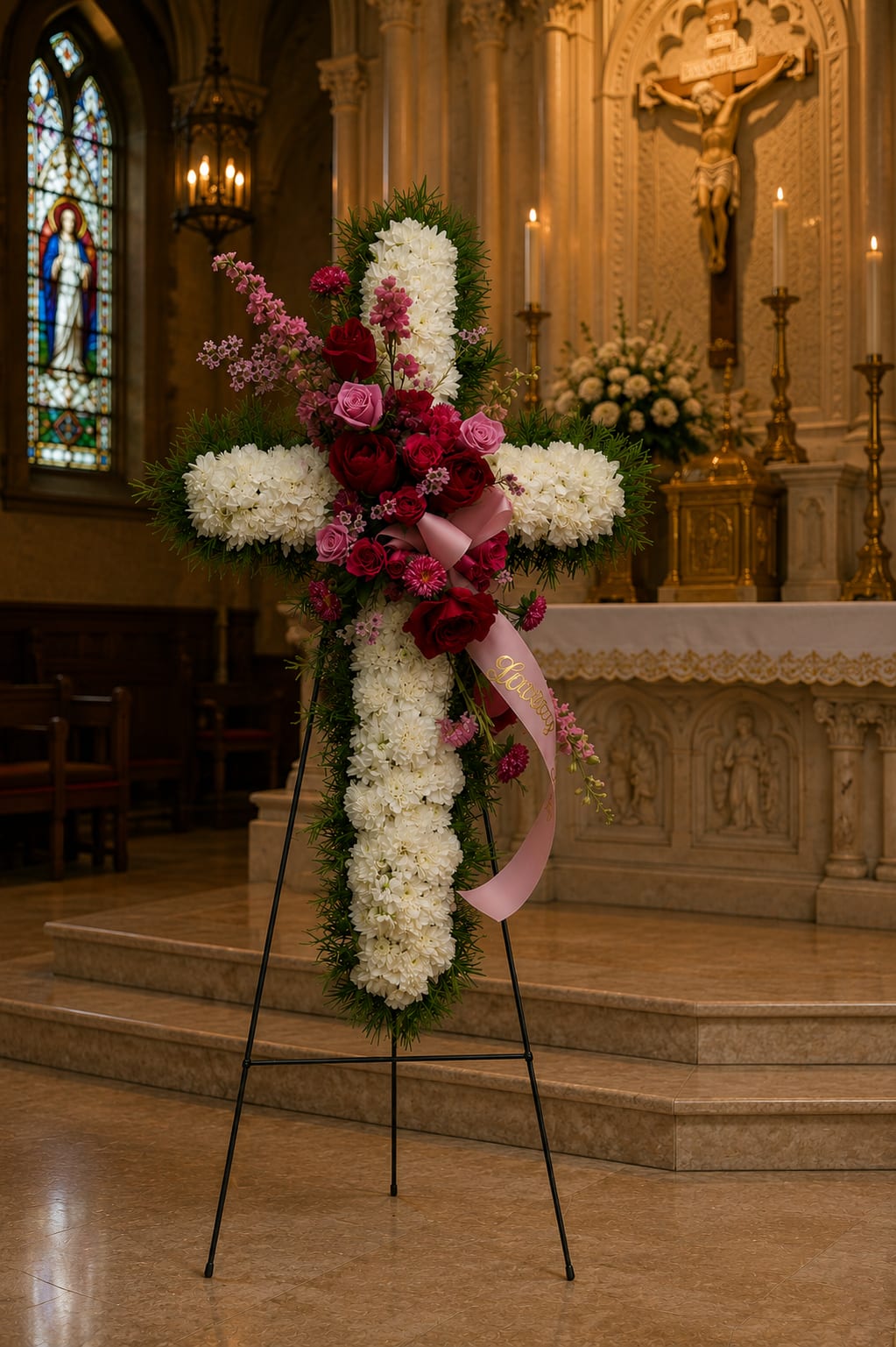 K645  Angel Embrace Cross with Cluster - K625 Eternal Light 36" Cross  A graceful and heartfelt tribute, the Eternal Light 36" floral cross stands 36 tall easel, symbolizing faith, love, and remembrance. At its center, a striking cluster of fresh premium blooms in shades of pink and red creates a bold yet elegant focal point. Featuring lush red and pink roses, delicate pink lisianthus, and complementary seasonal blooms, this cross is thoughtfully designed to bring comfort and honor a cherished life. A beautiful expression of love, devotion, and eternal pe