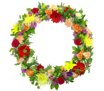Circular floral wreath with mixed colorful flowers on a white background