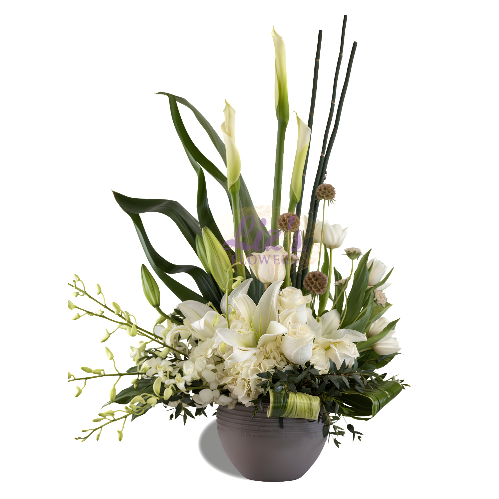 Zen Garden Elegance - white lilies, callas, orchids, and bamboo sticks in modern ceramic pot