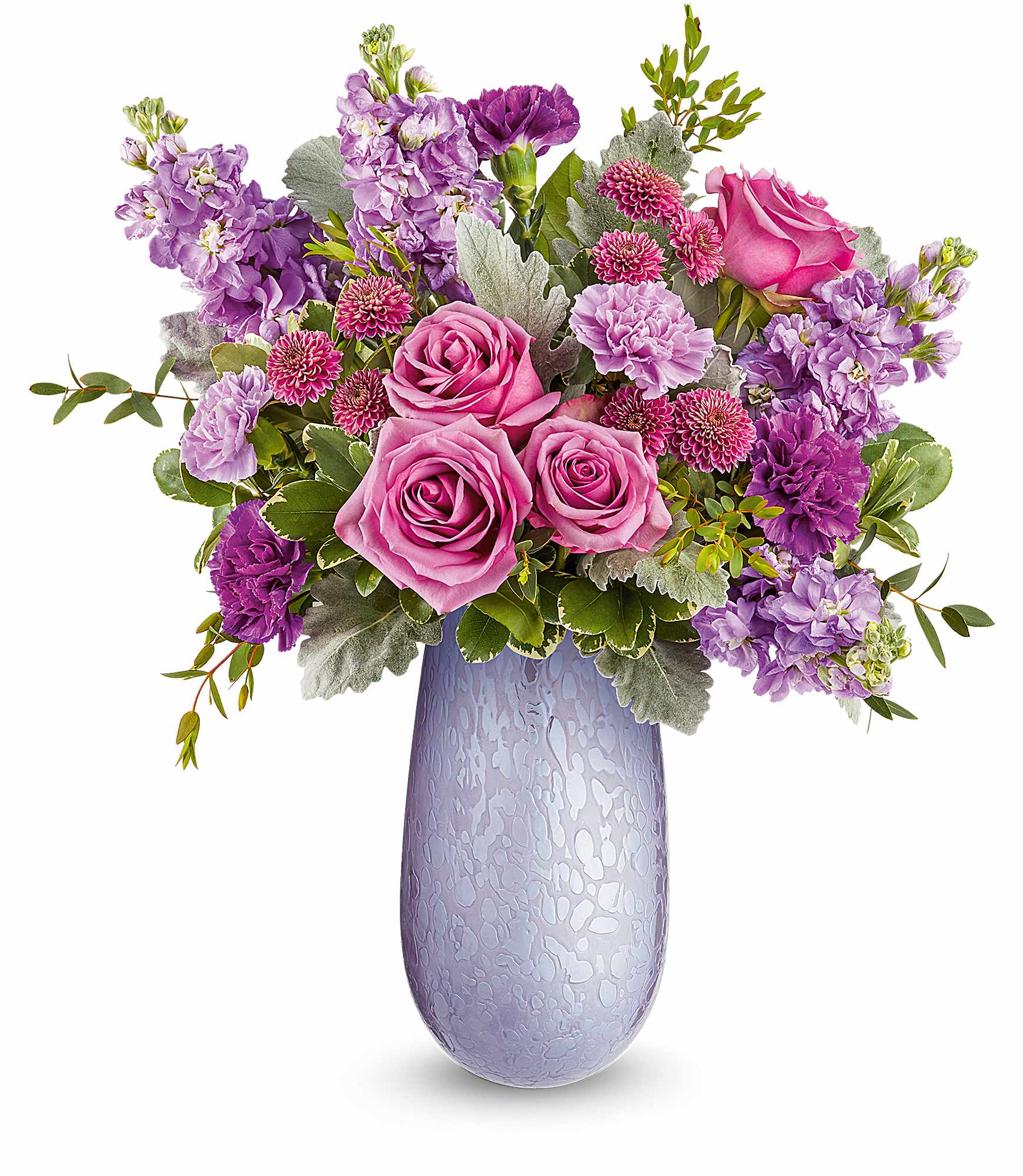Pink and purple flower arrangement in a lavender vase