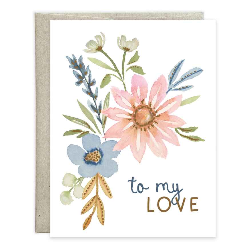 Anniversary Greeting Card - Flowers For My Love - Greeting card with envelope reads:  Front: "To my love" Inside: "Love you forever and always. Happy Anniversary"  Gina B Designs is a woman-owned company creating beautiful greeting cards, stationery, and gifts since 1984. Featuring original art, foil, and glitter embellishments. Proudly made in the USA