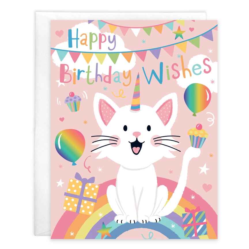 Birthday Greeting Card - Birthday Kitty-Kids - Greeting card with envelope reads:  Front: "Happy birthday wishes" Inside: "Have a purrfect day!"  Gina B Designs is a woman-owned company creating beautiful greeting cards, stationery, and gifts since 1984. Featuring original art, foil, and glitter embellishments. Proudly made in the USA