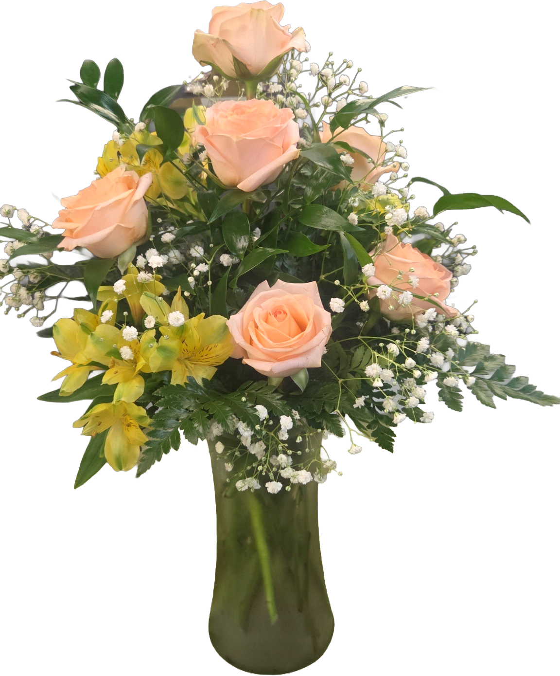 Half dozen roses and alstroemeria - Vased arrangement with choice of floral colors, while supplies last. Roses come in white, yellow, peach, coral, light pink or red. Alstroemeria available in white, purple, pink, orange or yellow.