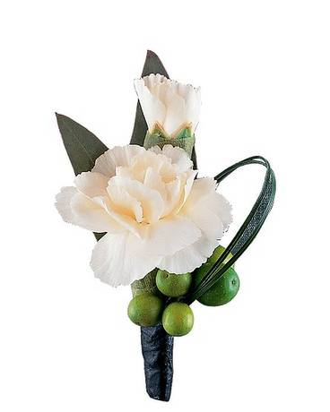 White carnation boutonniere with green berries and dark leaves
