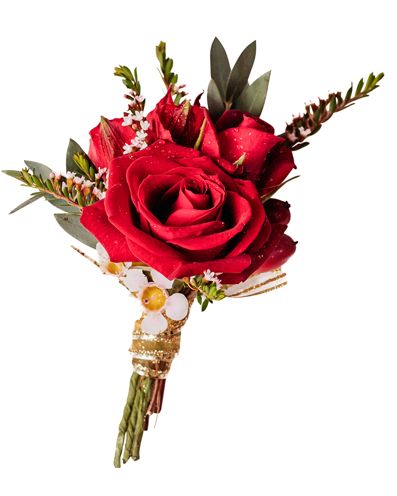 Red rose boutonniere with small white accents and gold ribbon wrap