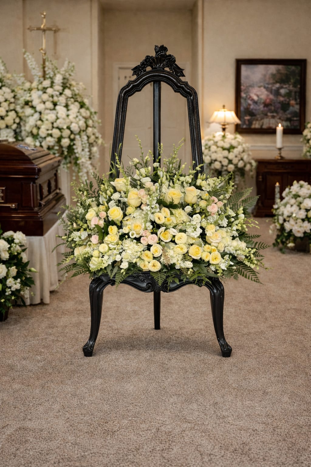 Large white and pale yellow floral spray on a black chair in a chapel