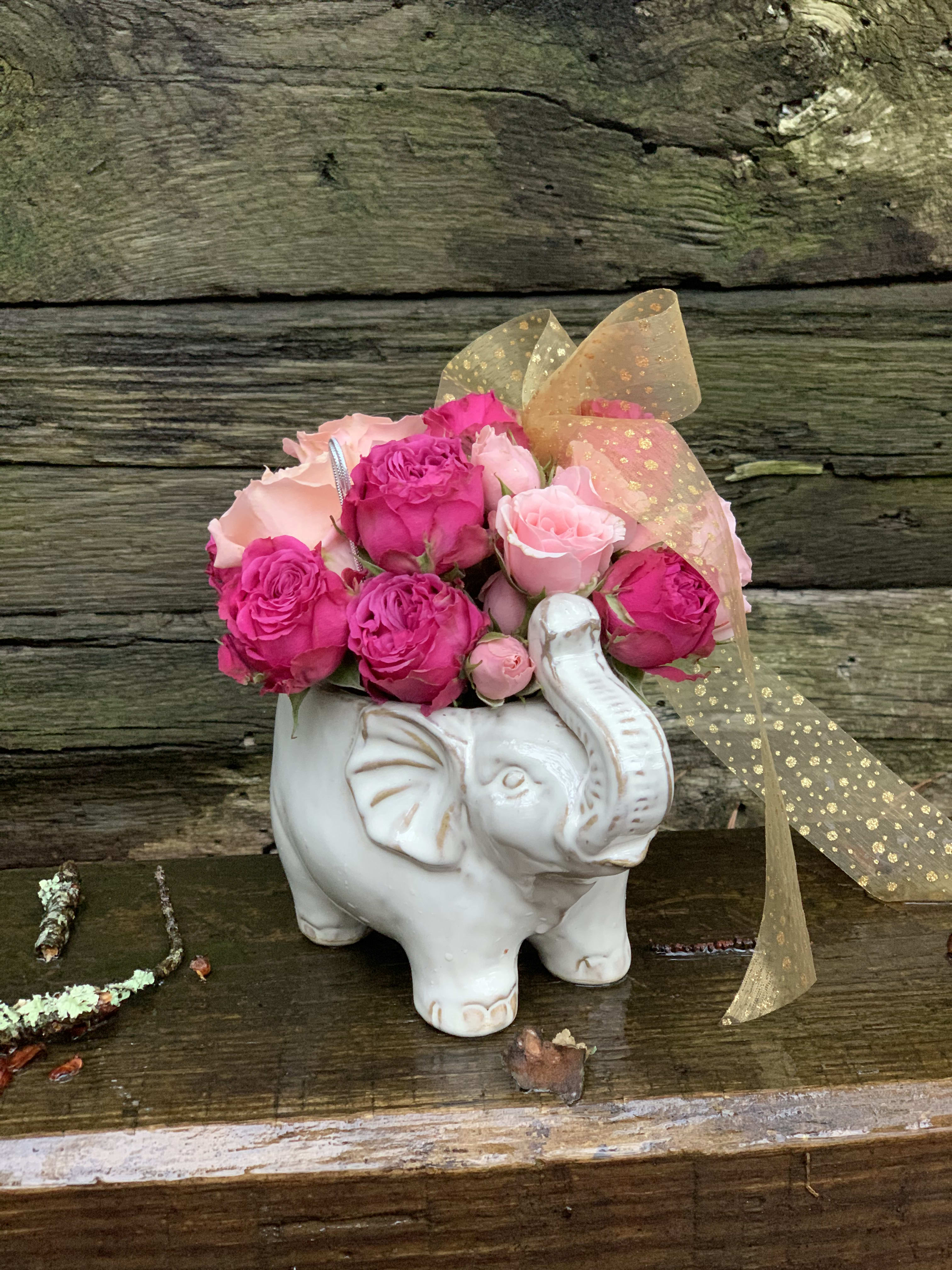 Pink roses arranged in a white elephant planter with a gold ribbon