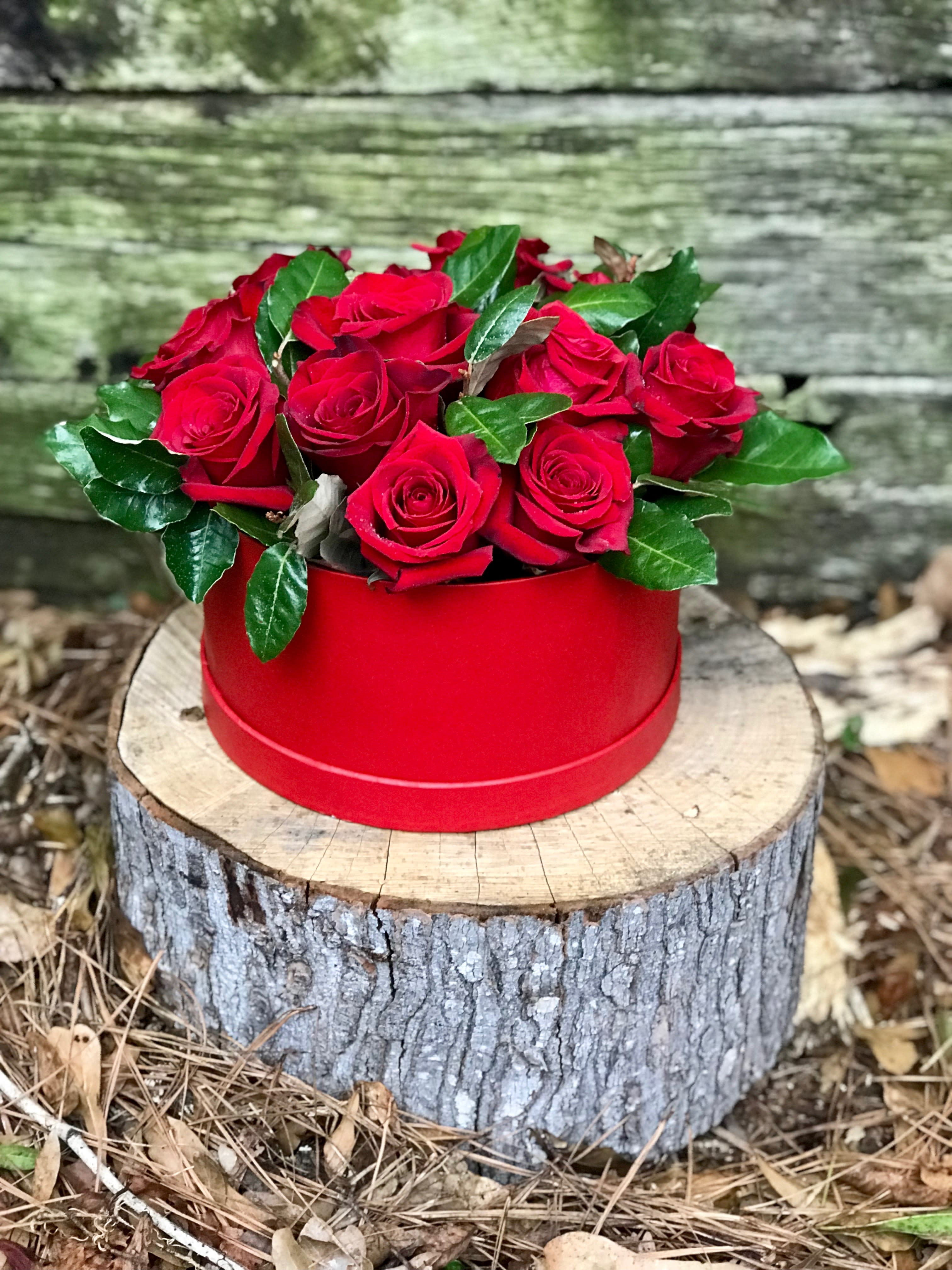 Red roses arranged in a round red box