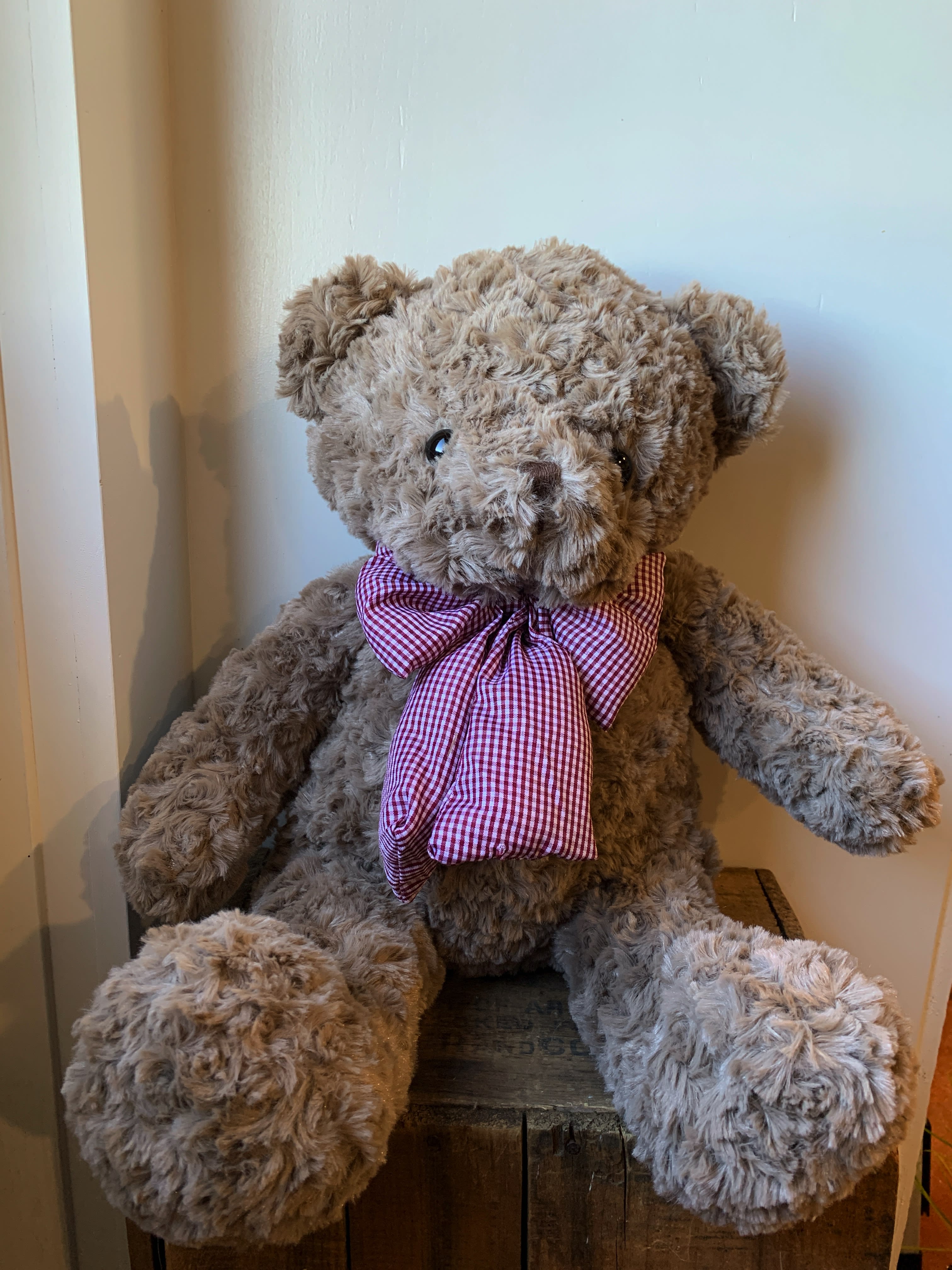 Plush teddy bear with a red checkered bow