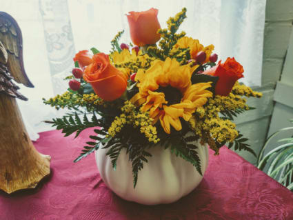 Autumn Traditions - The trendy white pumpkin filled with the traditional autumn flower favorites