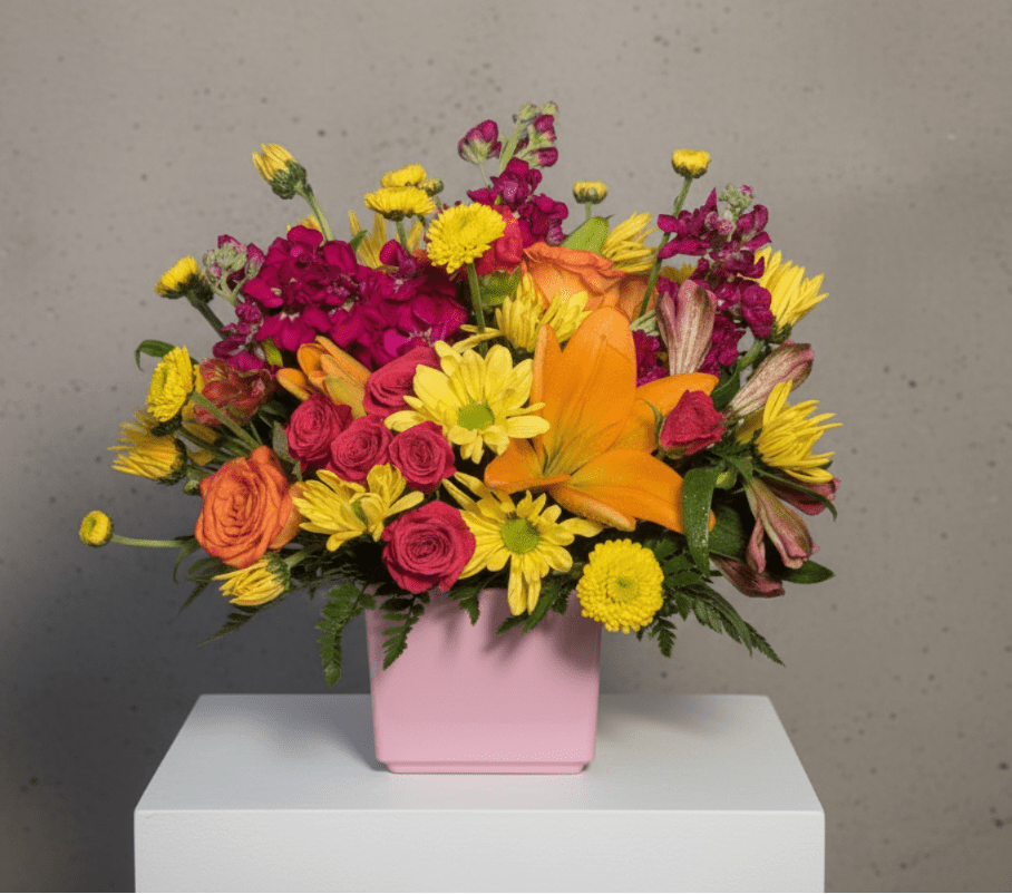 Good Vibes Only - Bright, bold, and bursting with cheer — our Good Vibes Only bouquet is designed to make any day feel like sunshine. Featuring a lively mix of vibrant orange lilies, sunny yellow mums, playful pink spray roses, and pops of fuchsia stock, this arrangement radiates happiness from every angle. Perfect for birthdays, celebrations, or just because, it’s the ultimate way to send joy and positivity.