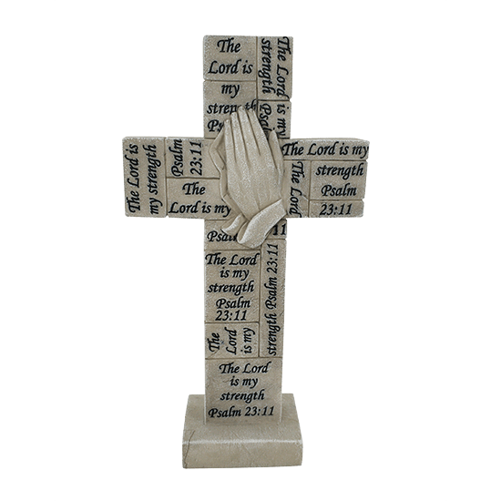 Cross Statue Memorial Stone -  Cross statue with praying hands relief, polyresin made to look like stone  “The Lord is my strength” Psalm 23:11 repeated on surface