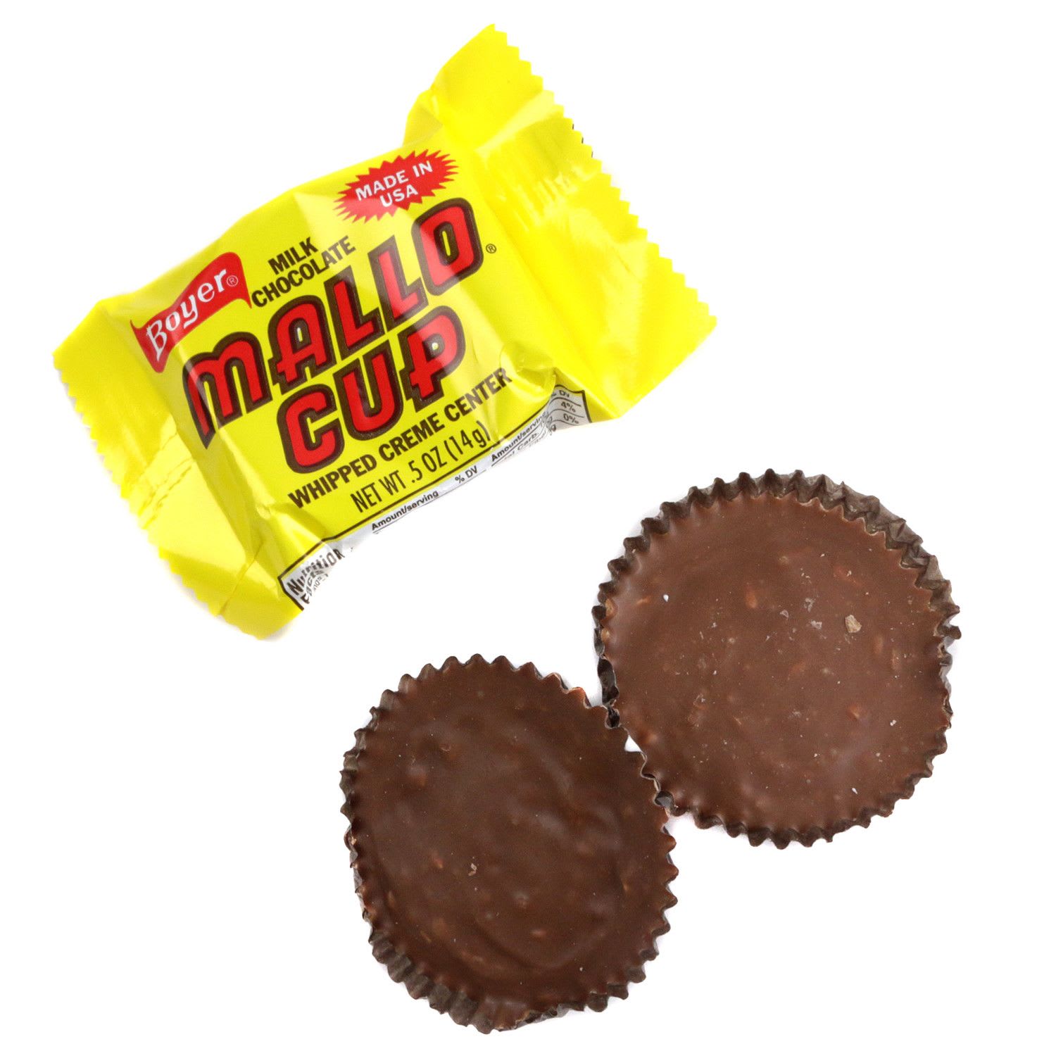 Mallo Cups - Regular Size - Mallo Cups are milk chocolate cups with a creamy whipped marshmallow center that is subtly enhanced with a hint of coconut. This old-fashioned candy is a beloved classic that has been enjoyed for decades.  Made in the USA, these sweet treats are a nostalgic favorite for candy lovers of all ages.