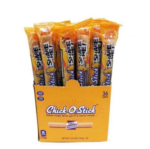 Chick-O-Stick - Chick-O-Stick is a crunchy, honeycombed candy bar made by Atkinson's, featuring a peanut butter center rolled in toasted coconut, with no artificial ingredients, and is gluten-free, kosher, and vegan