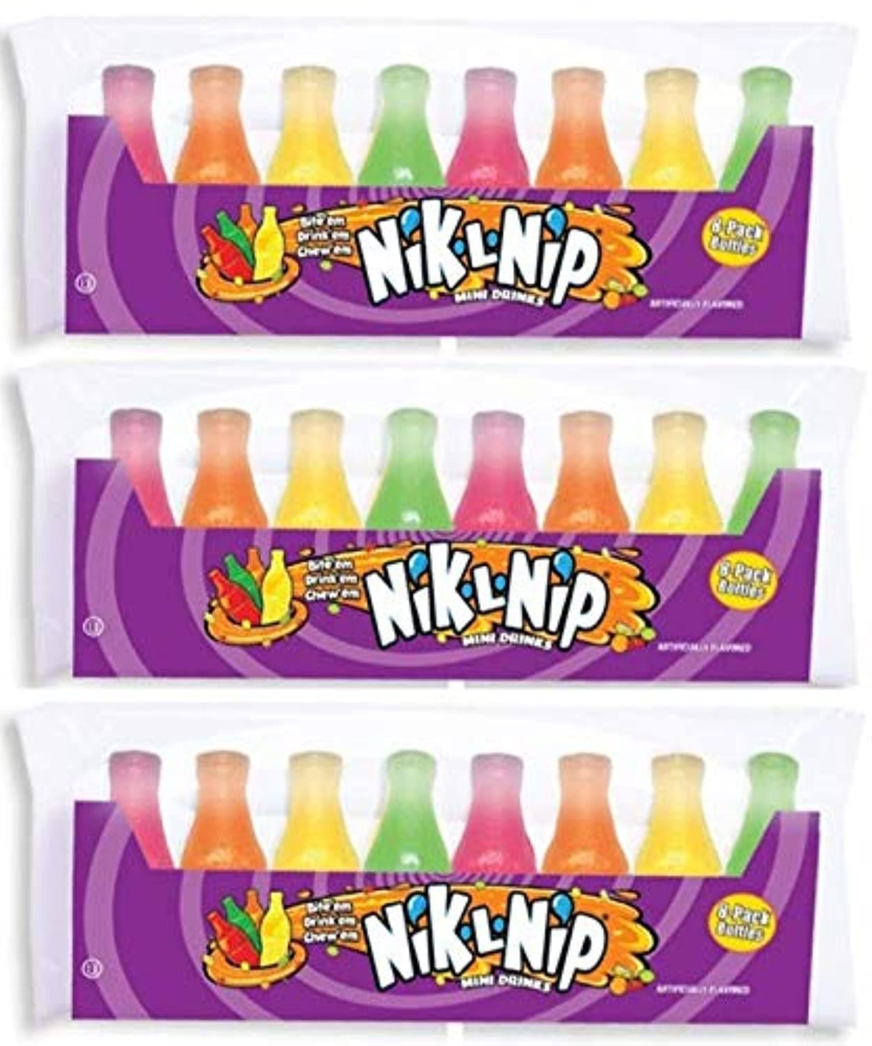Nik N Nip - Regular - Nik L Nip Wax Bottles is a retro candy that is sure to bring back memories. These wax bottle shapes are filled with a delicious fruit flavor liquid that will tantalize your taste buds. Each pack contains 8 wax bottles. It's the perfect treat to share with friends or enjoy on your own.  