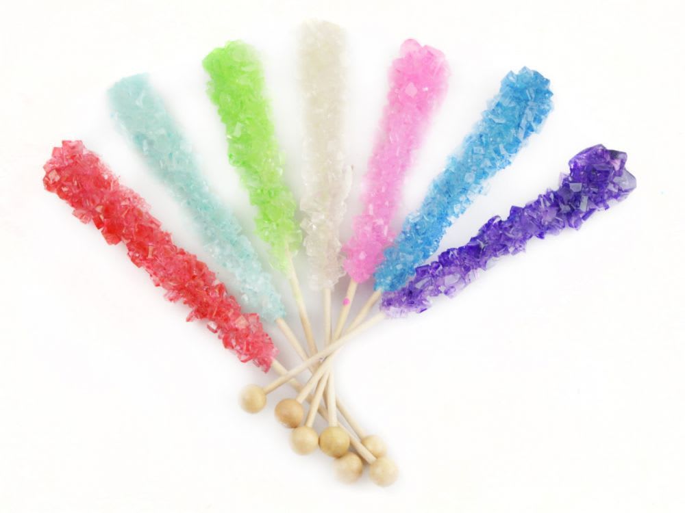 Rock Candy - Rock Candy Sticks   An assortment of colors and flavors. Each rock candy stick is approx. 6 1/2 inches long and individually wrapped. Made in the USA. Colorful and flavorful candy.  