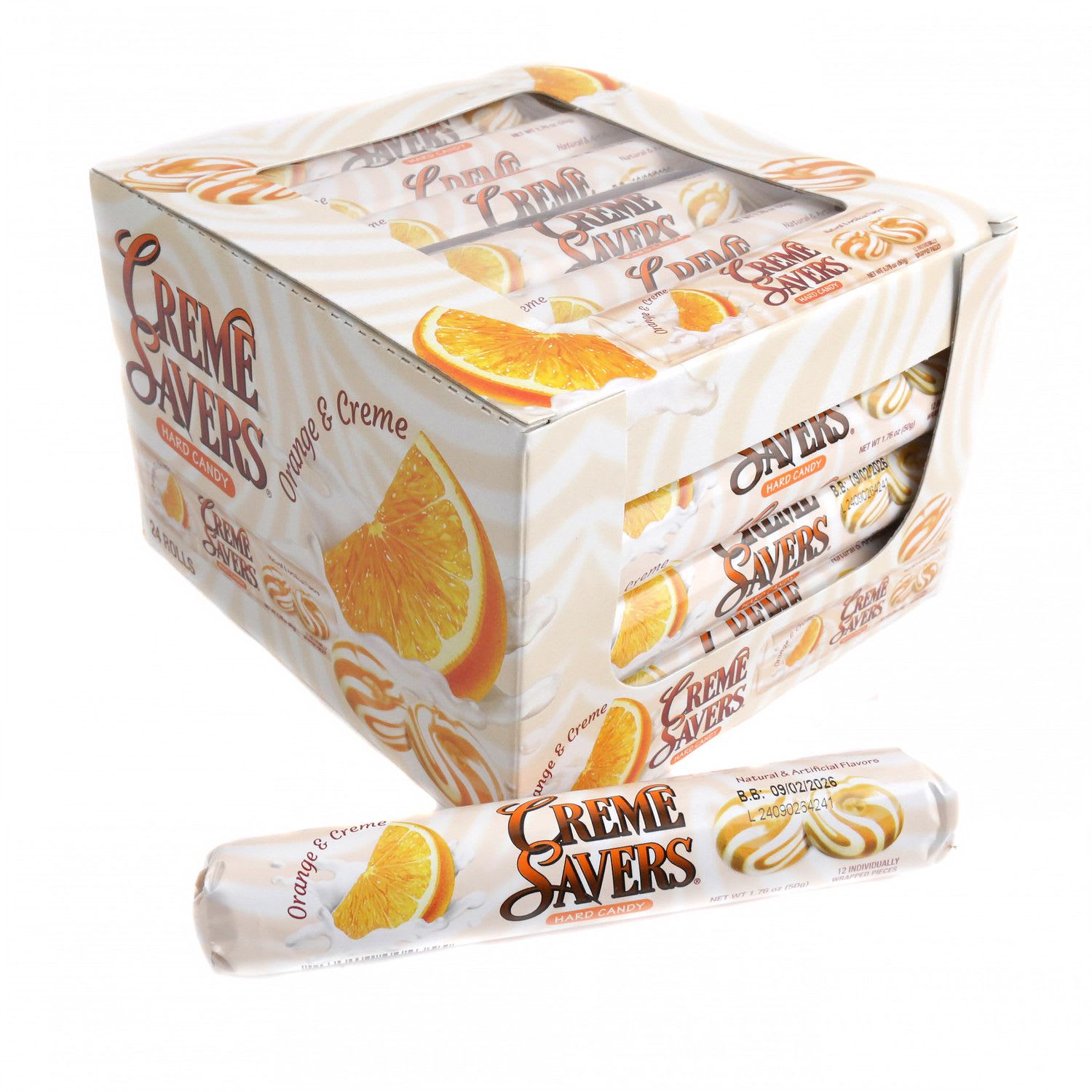 Creme Savers Orange &amp; Creme - Crème Savers Orange &amp; Creme is a nostalgic, swirl-patterned hard candy known for its rich and creamy citrus flavor. It combines the tangy sweetness of orange with the smooth, velvety taste of vanilla crème, creating a delicious and satisfying treat. These candies are perfect for those who love a creamy, fruity taste!