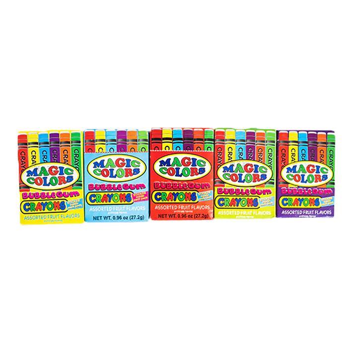 Crayon Gum - This bubble gum is magically delicious! You'll feel like a kid again with the Magic Colors Bubble Gum Crayons! These bubble gum sticks look just like a pack of crayons! Just flip open the lid and start chewing all that luscious pink bubblegum!  Every box comes with a sticker just for an added touch of nostalgia! This novelty candy makes a great little gift or just because you want to indulge your inner child! Perfect as a birthday party candy or a school-themed event. Add a touch of magic to your day with the Magic Colors Bubble Gum Crayons! 0.96oz.