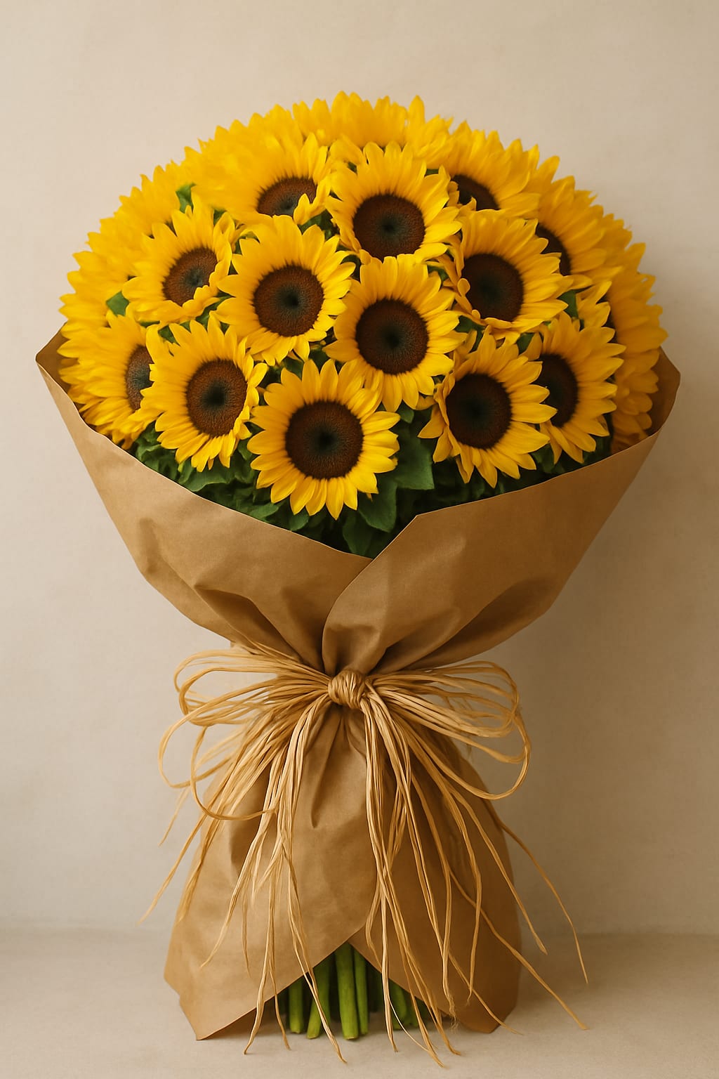 Bouquet of bright yellow sunflowers wrapped in brown paper