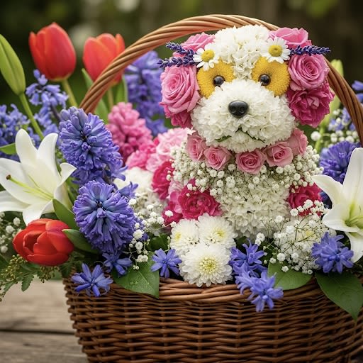 Flower basket arranged as a dog face with pink and white blooms