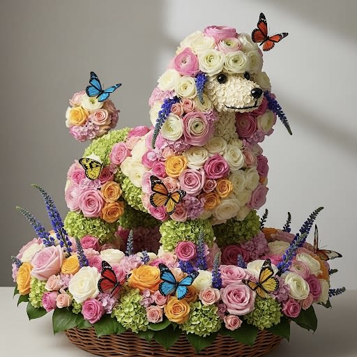 Floral dog sculpture in a wicker basket with butterflies