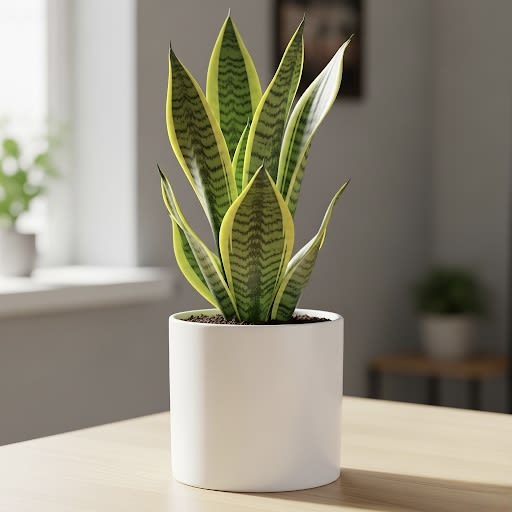 Potted snake plant in a white cylindrical planter