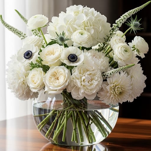 White bouquet in a clear glass bowl vase
