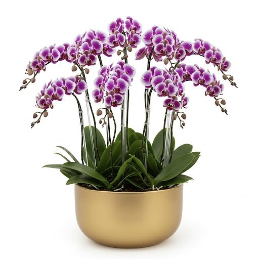 Purple orchids in a gold pot