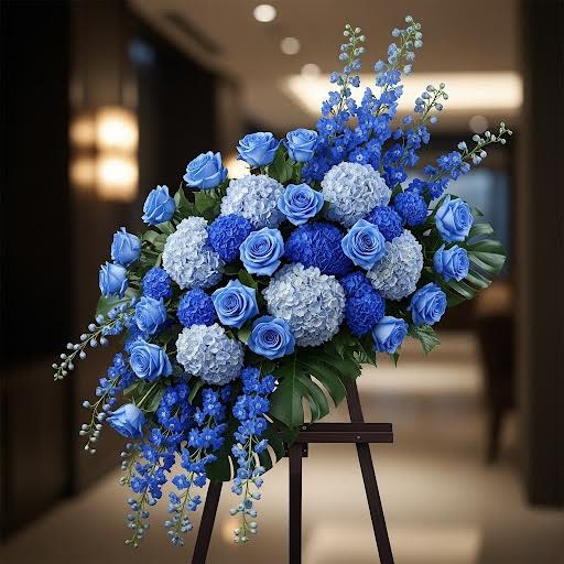 Blue and white floral standing spray on an easel