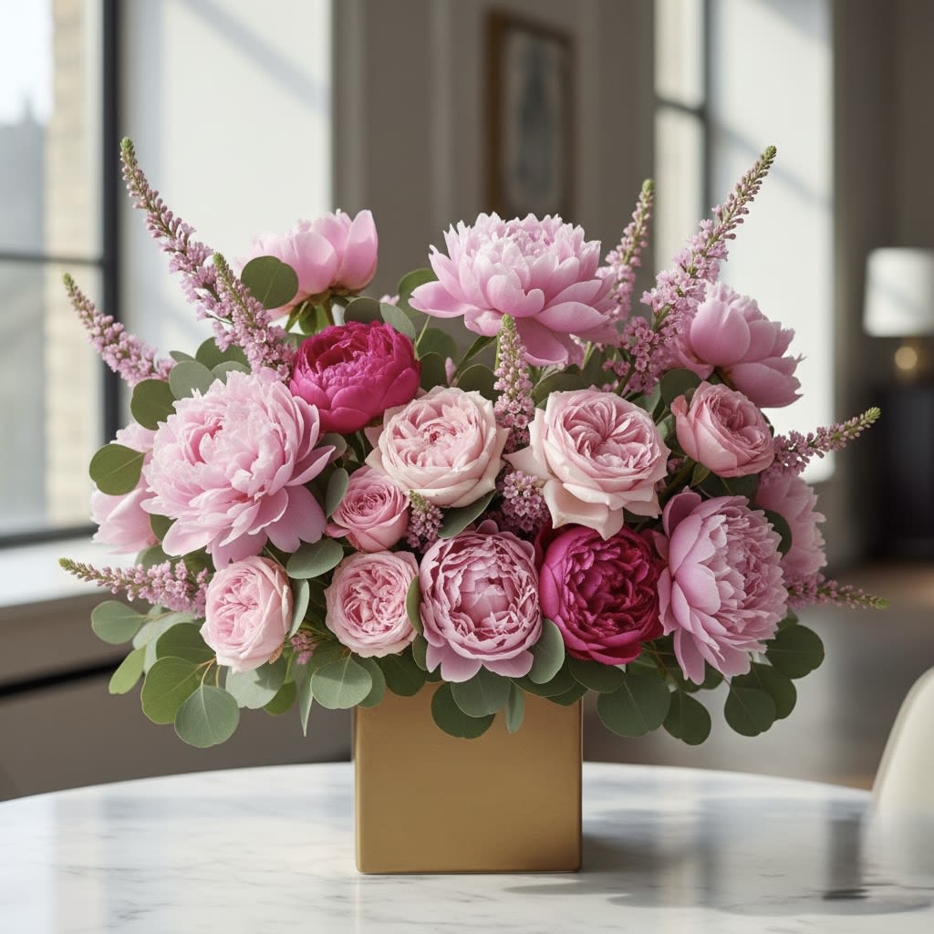 Pink peonies and roses arranged in a gold square vase