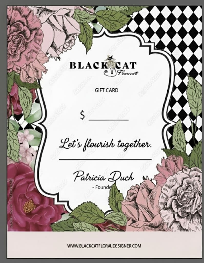 Floral-themed gift card with pink roses and black-and-white diamond pattern