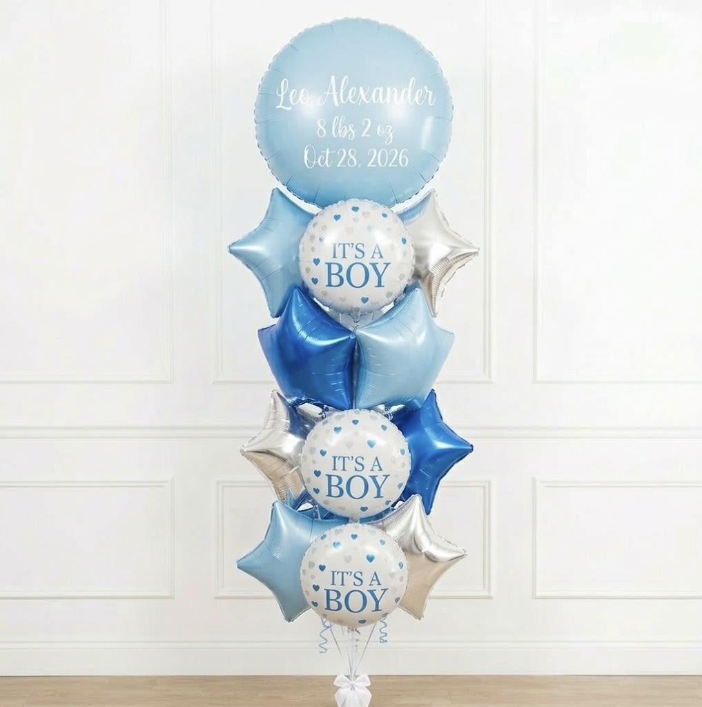 Blue and silver baby shower balloon bouquet with "It's a Boy" balloons