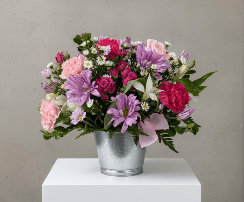 Petal Perfect - Sweet, simple, and full of charm, our Petal Perfect bouquet is just the thing to brighten someone’s day! Designed in an adorable metal tin, this petite arrangement bursts with personality thanks to hot pink spray roses, lavender daisies, soft pink carnations, white monte, and alstroemeria.  Perfect for desks, side tables, or surprise pick-me-ups, this bouquet may be small in size—but it’s big on smiles.