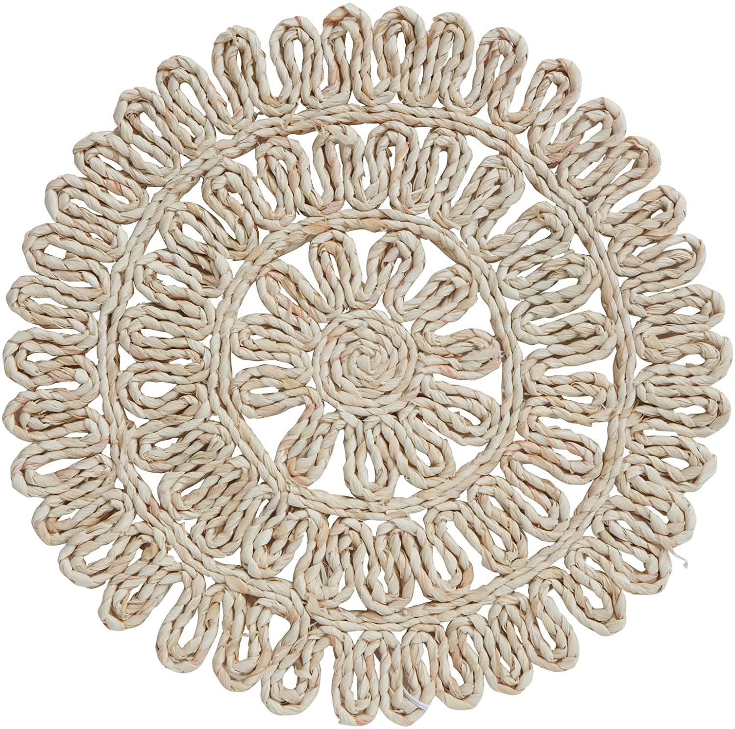 Round woven straw placemat with a floral pattern