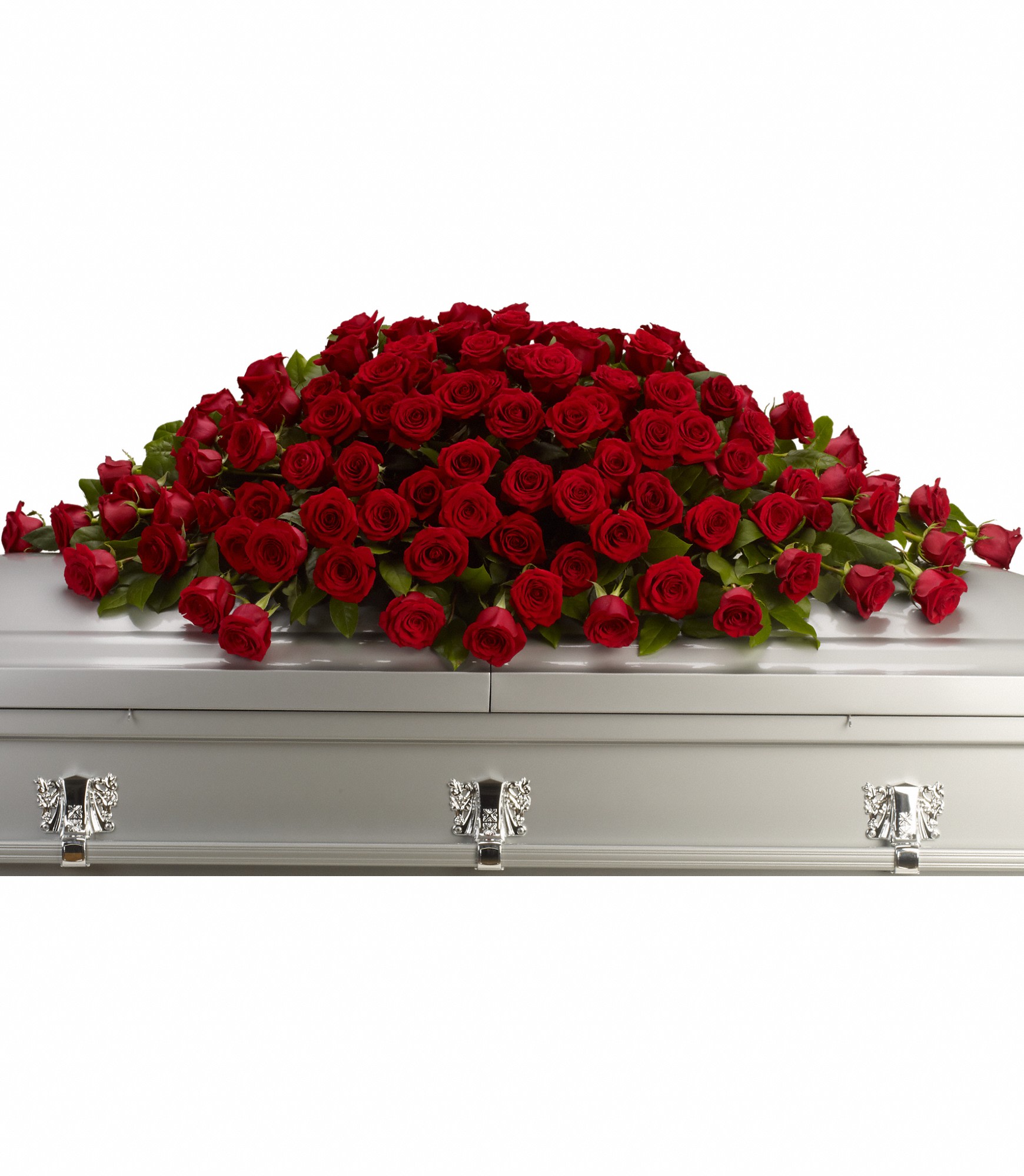 Red rose casket spray on a silver casket