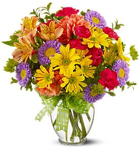 Make a Wish - A summery mix of yellow daisy chrysanthemums, purple asters and hot pink and orange carnations - arranged in a clear ginger vase and adorned with a cheerful yellow plaid bow - will make their wishes come true!  Yellow daisy spray chrysanthemums, purple Matsumoto asters, hot pink miniature carnations, orange carnations and alstroemeria - accented with bupleurum - are delivered in a miniature ginger vase adorned with a plaid yellow ribbon.  Approximately 9" (W) x 12" (H)  Orientation: All-Around