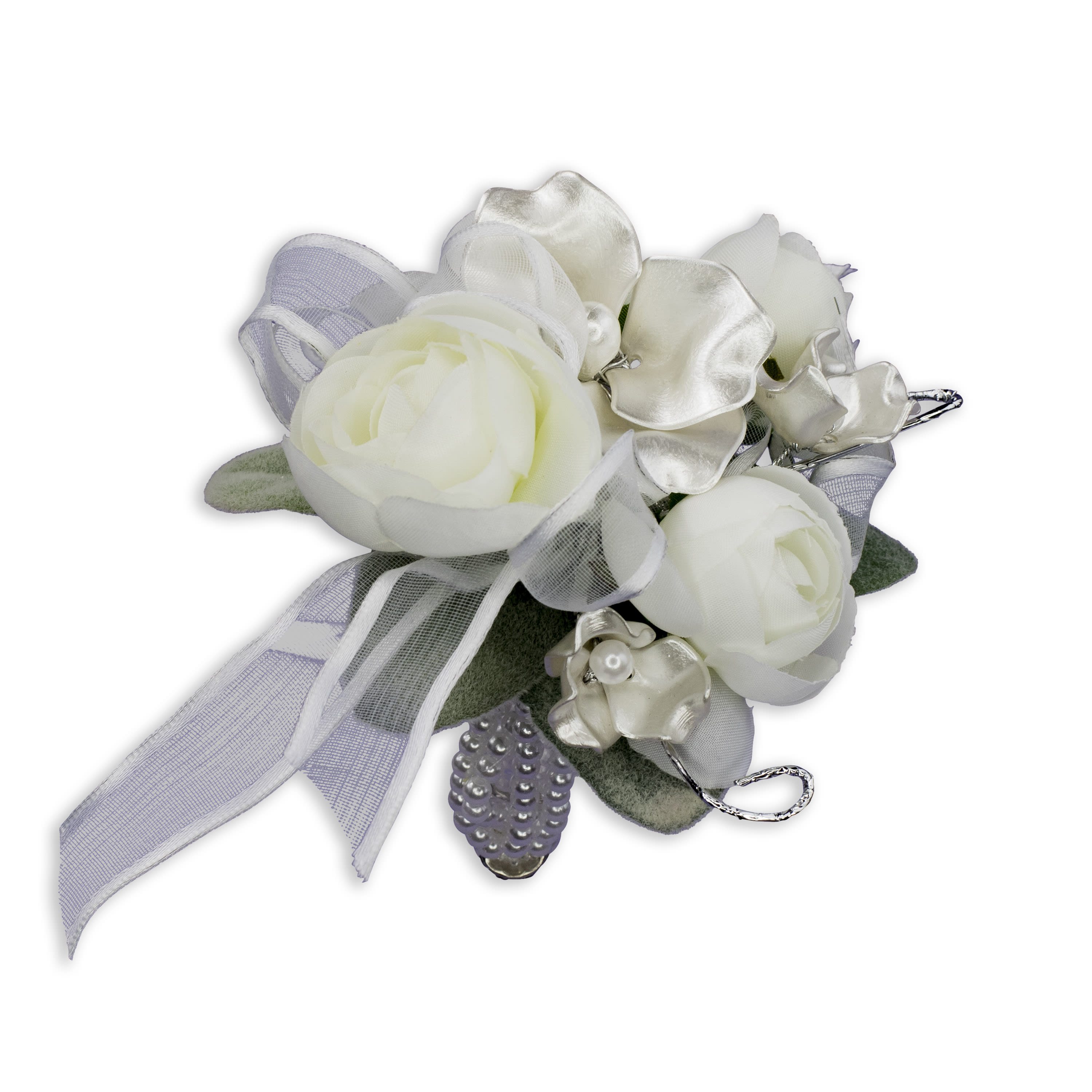 White floral corsage with silver ribbon and pearl accents
