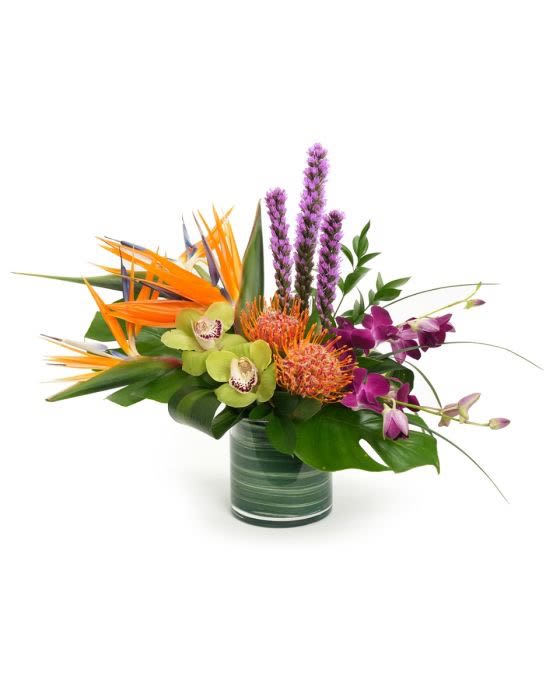 Tropical arrangement with orange blooms, green orchids, and purple flowers in a low glass vase with large foliage.
