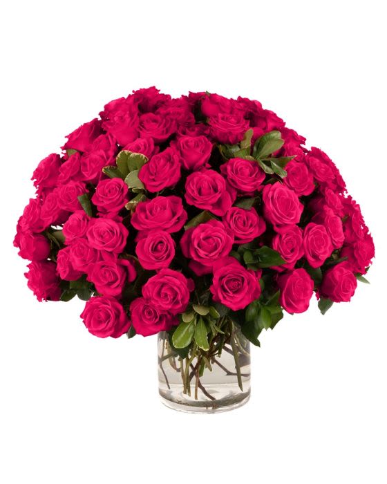 75 Hot Pink Roses - Our classic 75 hot pink roses are designed with long-stem roses, rich greens in a clear glass cylinder. 
