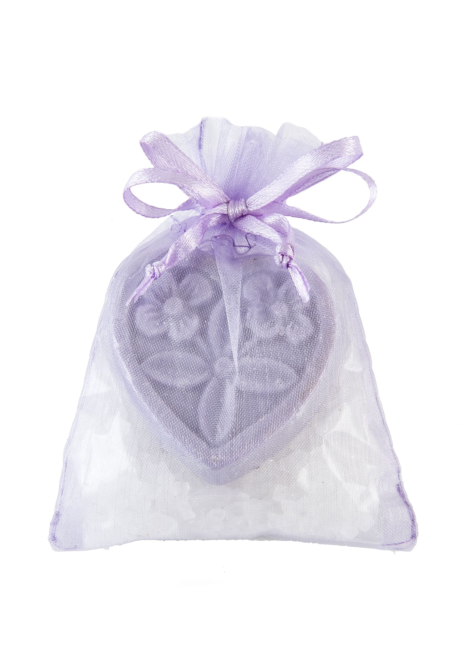 Lavender organza gift bag with a heart-shaped decorative piece and white crystals inside.