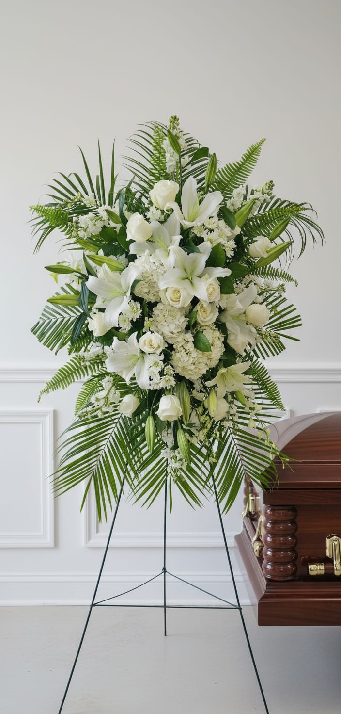 Tall white standing spray of lilies and roses on an easel beside a wooden casket.