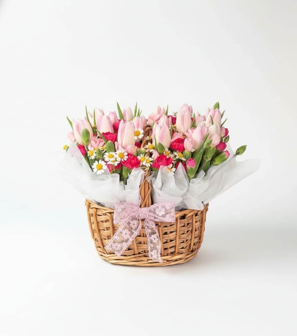 Blush Meadow Basket  - A soft and romantic blend of blush pink tulips, vibrant carnations, and delicate chamomile daisies, beautifully arranged in a charming wicker basket. Accented with airy textures and a lace bow, this design brings a fresh, garden-inspired feel—perfect for celebrating love, spring moments, or simply brightening someone’s day.